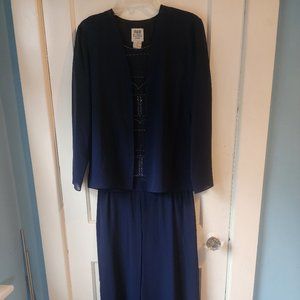 R&M Richards Navy Blue Dressy Pants Suit with beaded top and split skirt pants